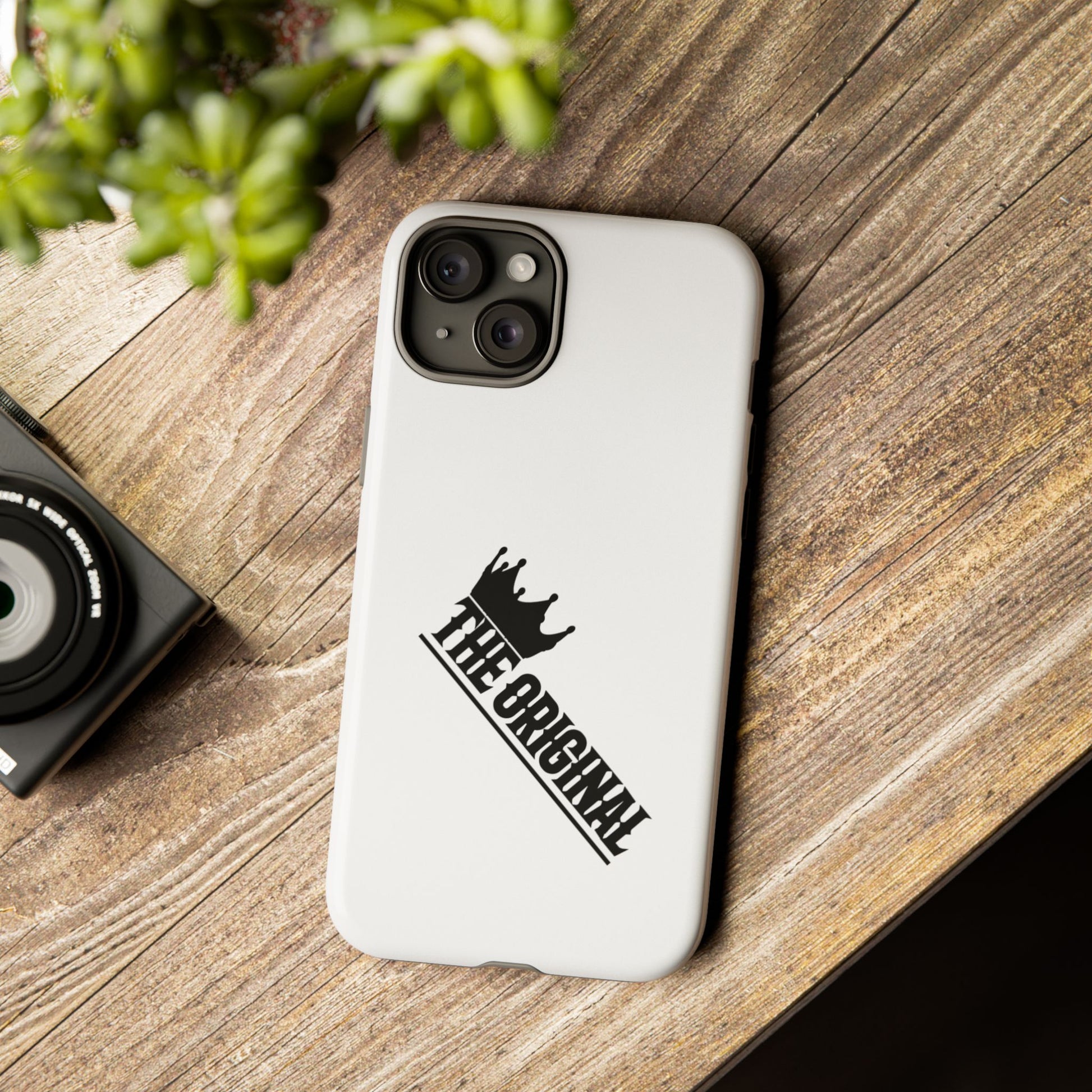 White Christian phone case with black The Original print – durable dual-layer protection with faith-based style