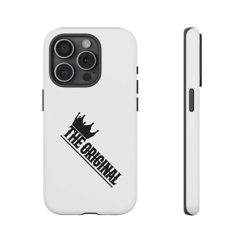 White Christian phone case with black The Original print – durable dual-layer protection with faith-based style