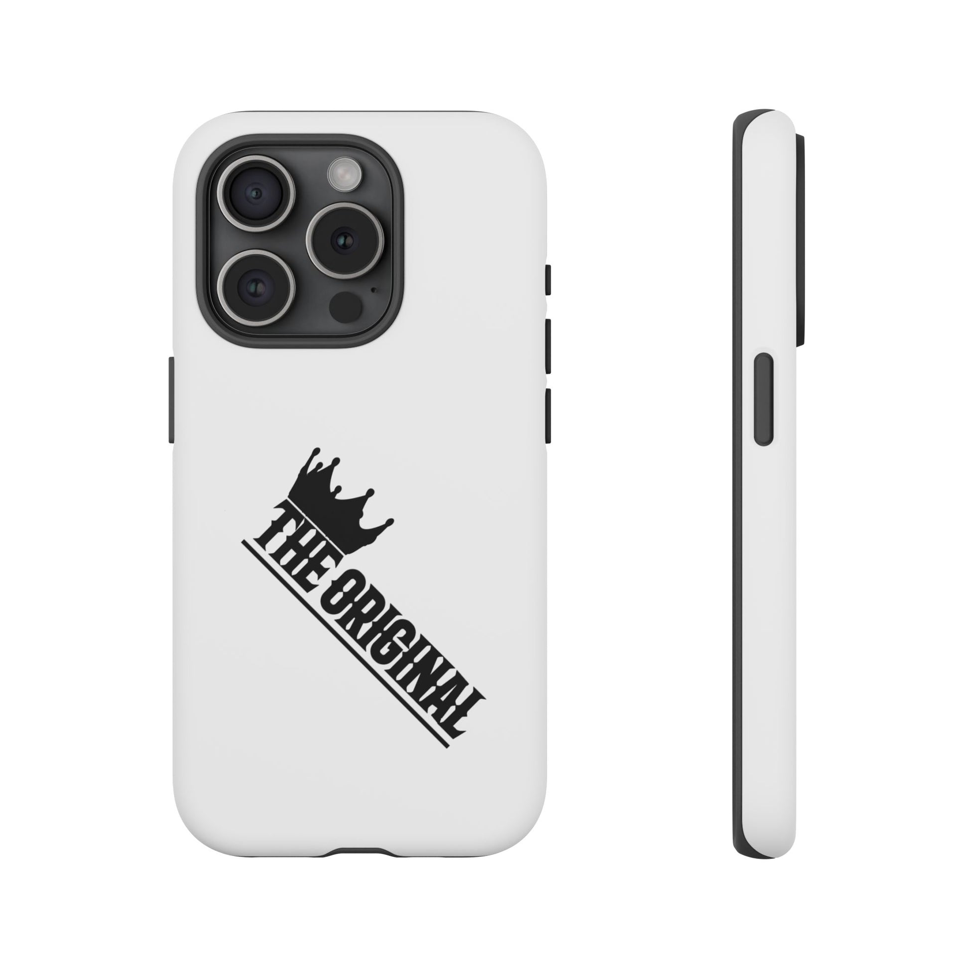 White Christian phone case with black The Original print – durable dual-layer protection with faith-based style