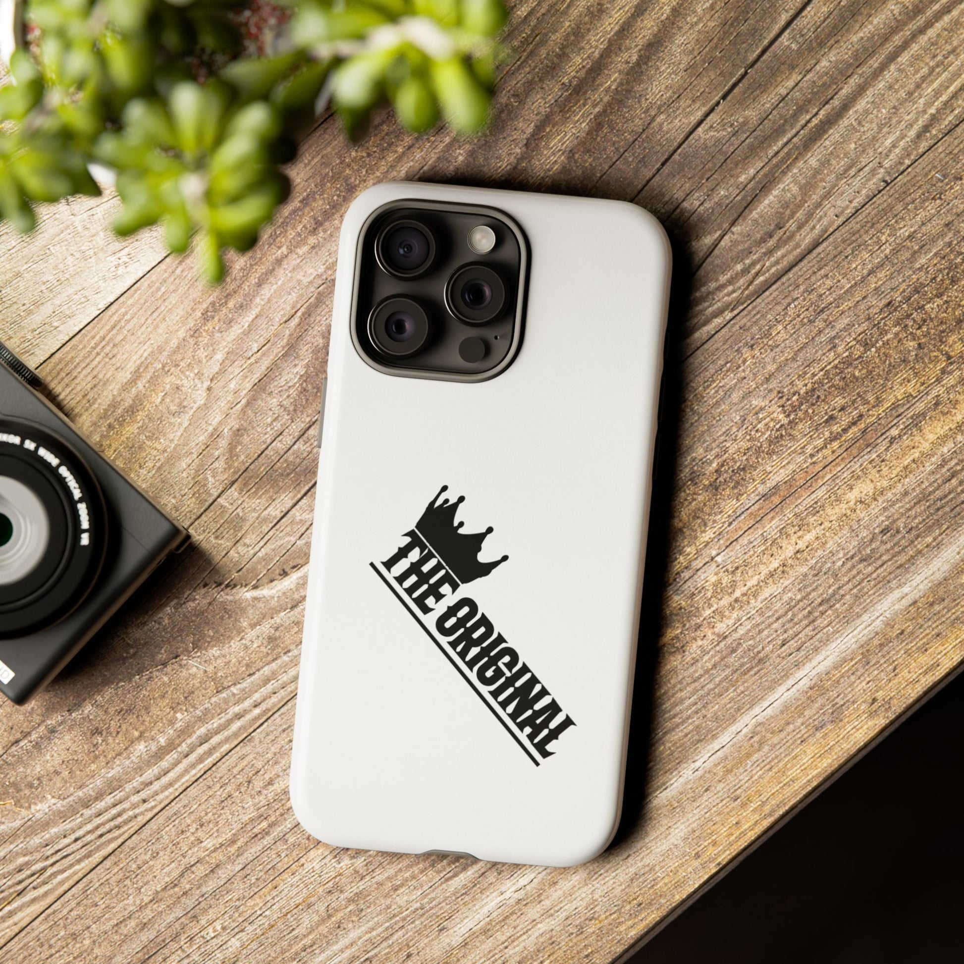 White Christian phone case with black The Original print – durable dual-layer protection with faith-based style