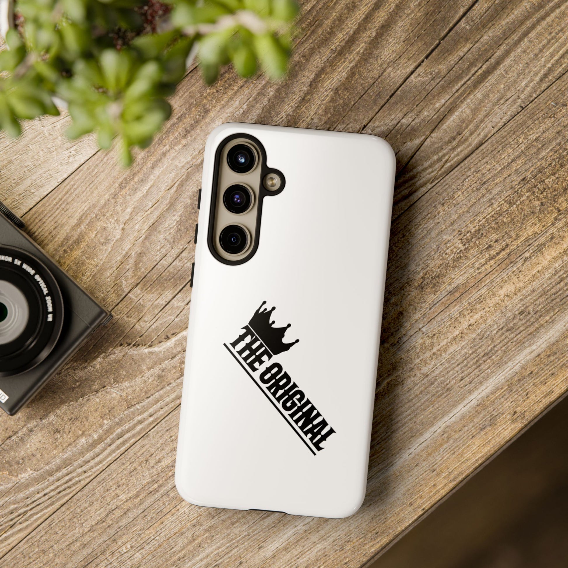 White Christian phone case with black The Original print – durable dual-layer protection with faith-based style