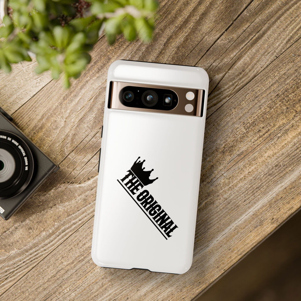 White Christian phone case with black The Original print – durable dual-layer protection with faith-based style