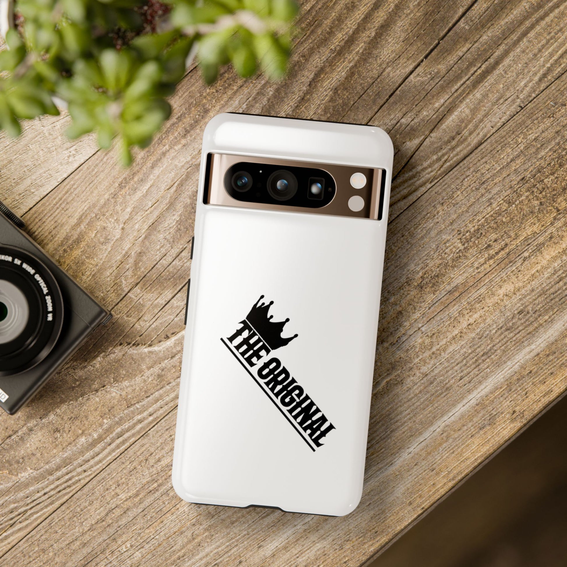 White Christian phone case with black The Original print – durable dual-layer protection with faith-based style