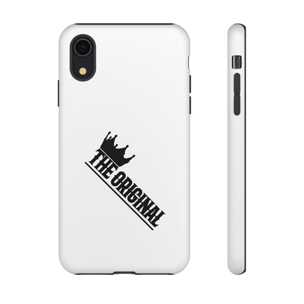 White Christian phone case with black The Original print – durable dual-layer protection with faith-based style