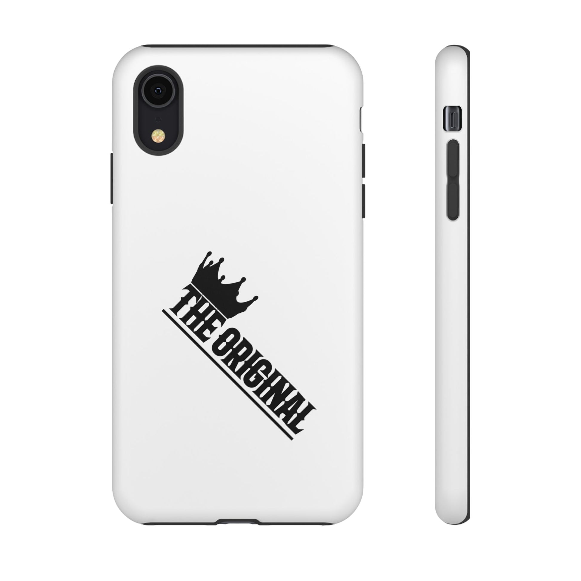 White Christian phone case with black The Original print – durable dual-layer protection with faith-based style
