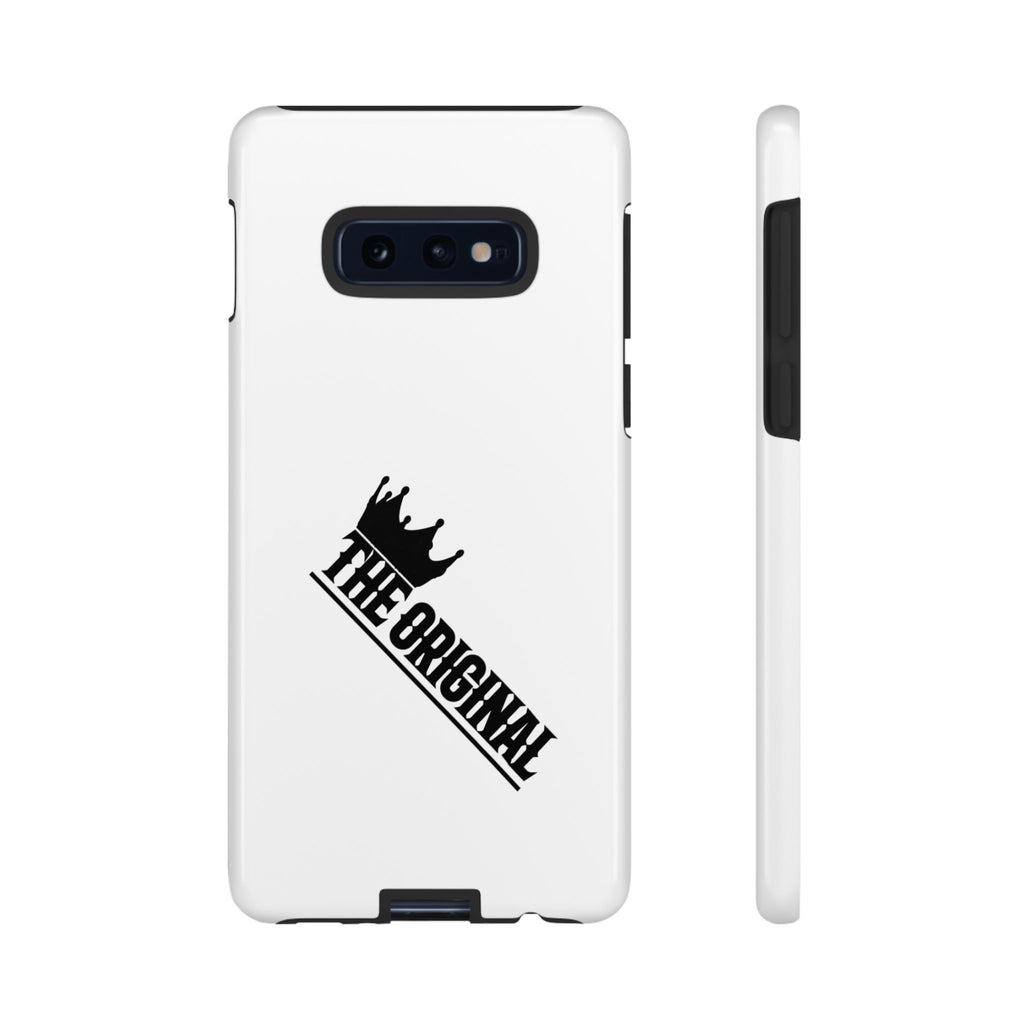 White Christian phone case with black The Original print – durable dual-layer protection with faith-based style