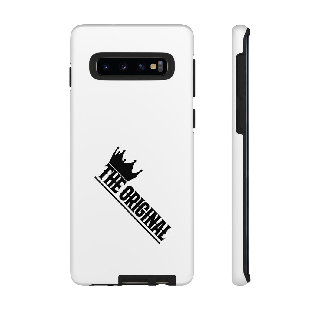 White Christian phone case with black The Original print – durable dual-layer protection with faith-based style