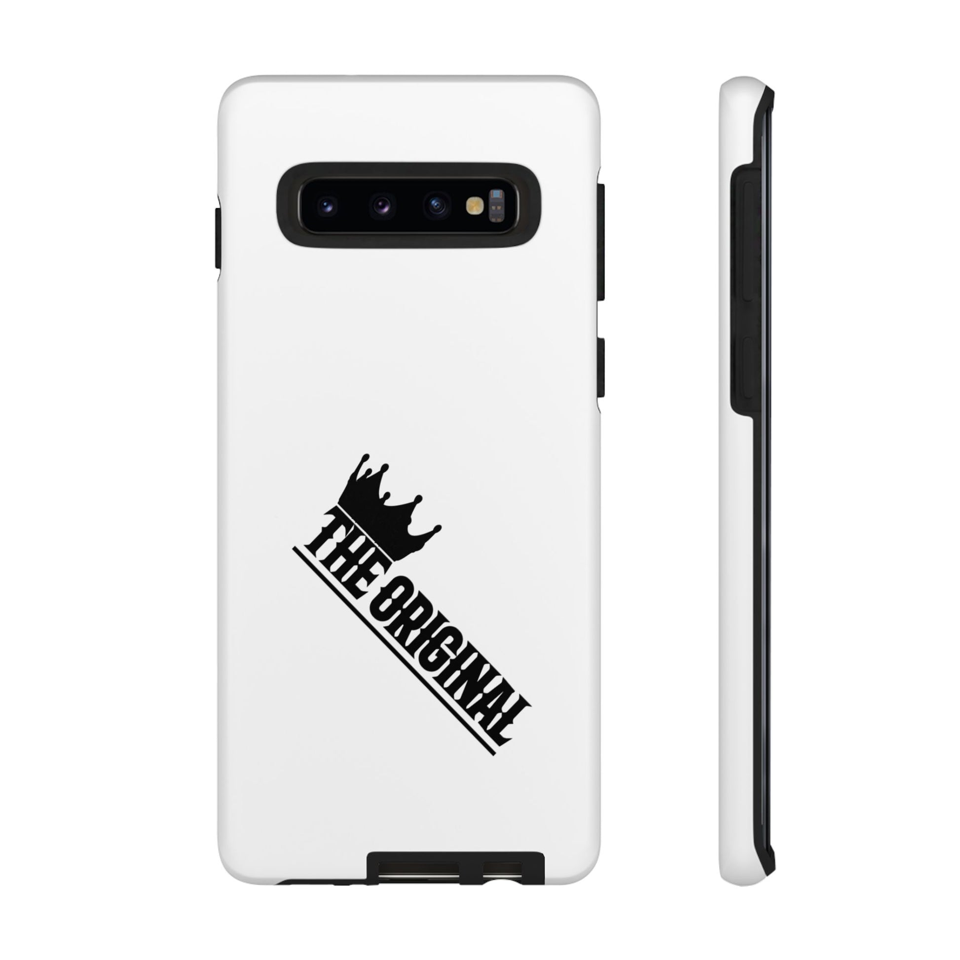 White Christian phone case with black The Original print – durable dual-layer protection with faith-based style