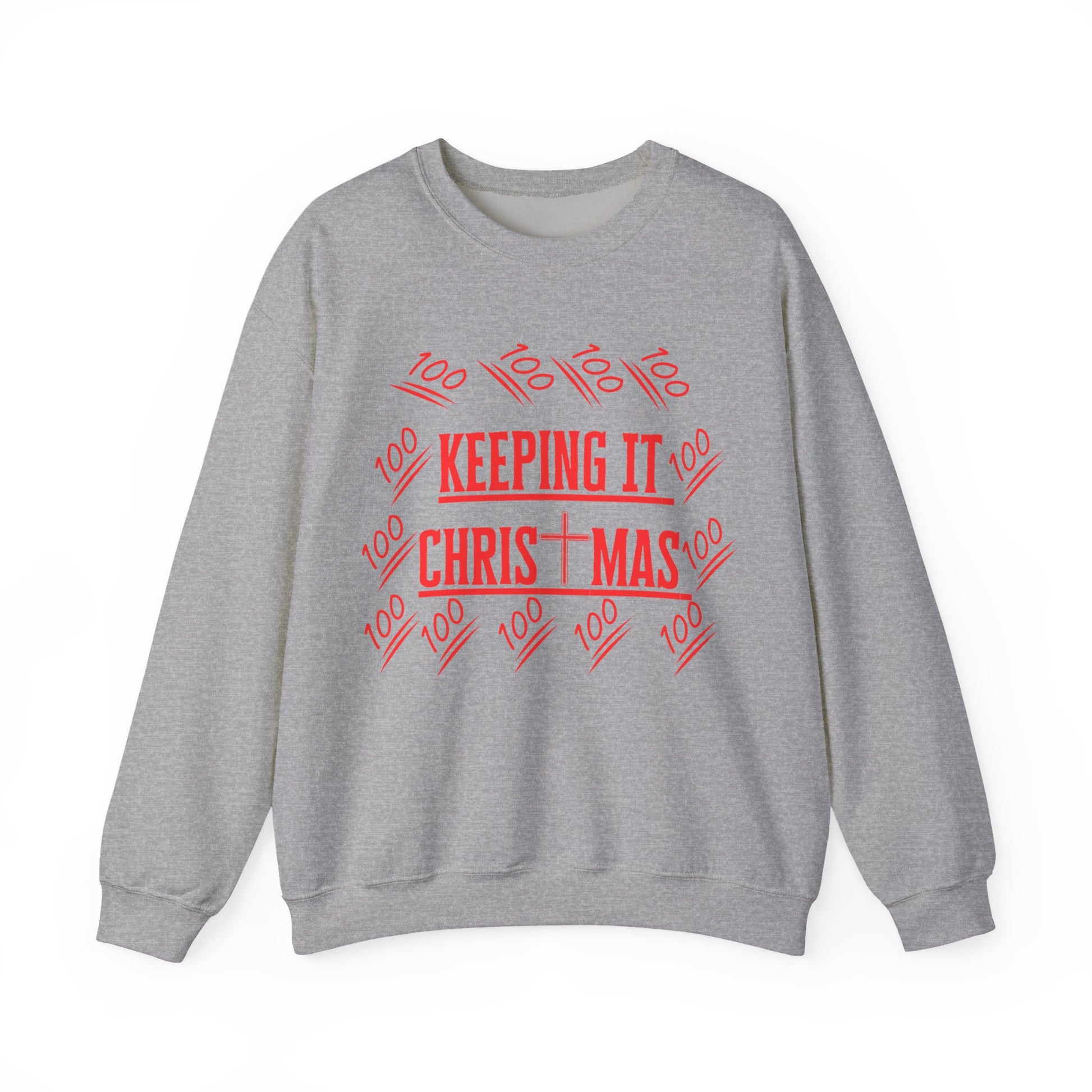 Close-up of bold red text on chest of grey faithwear sweatshirt