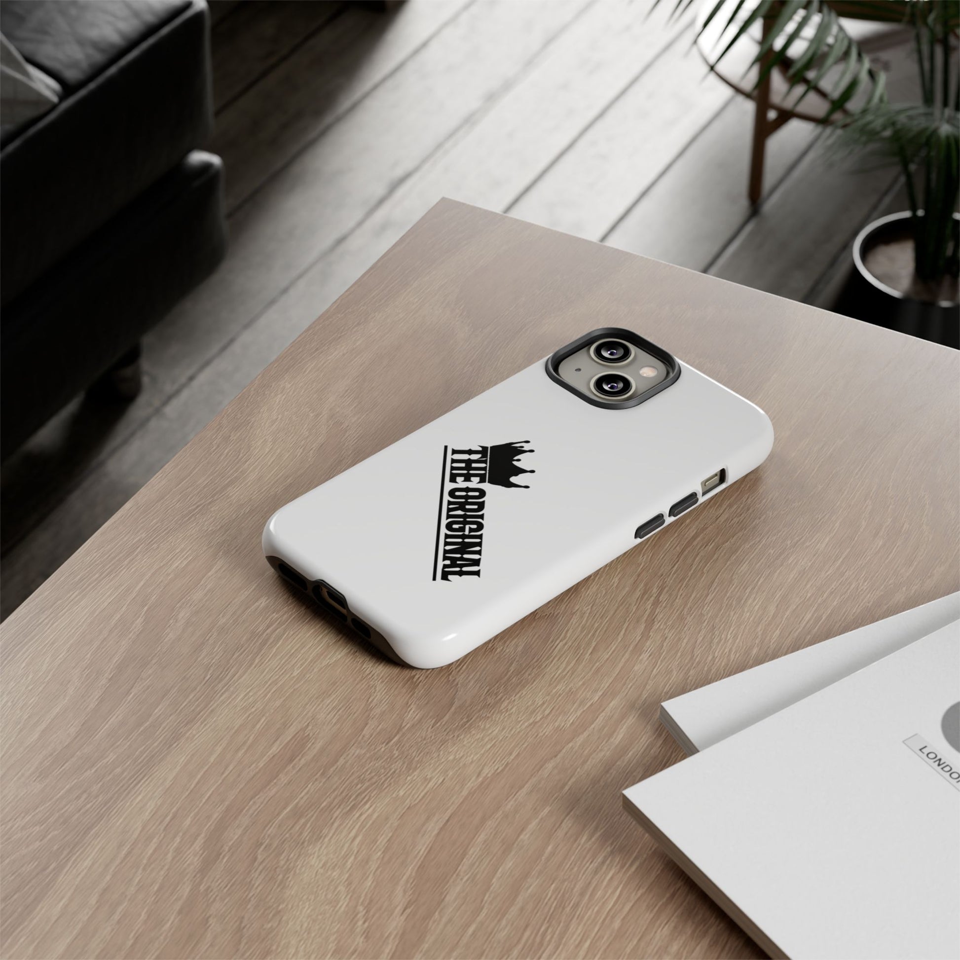 White Christian phone case with black The Original print – durable dual-layer protection with faith-based style