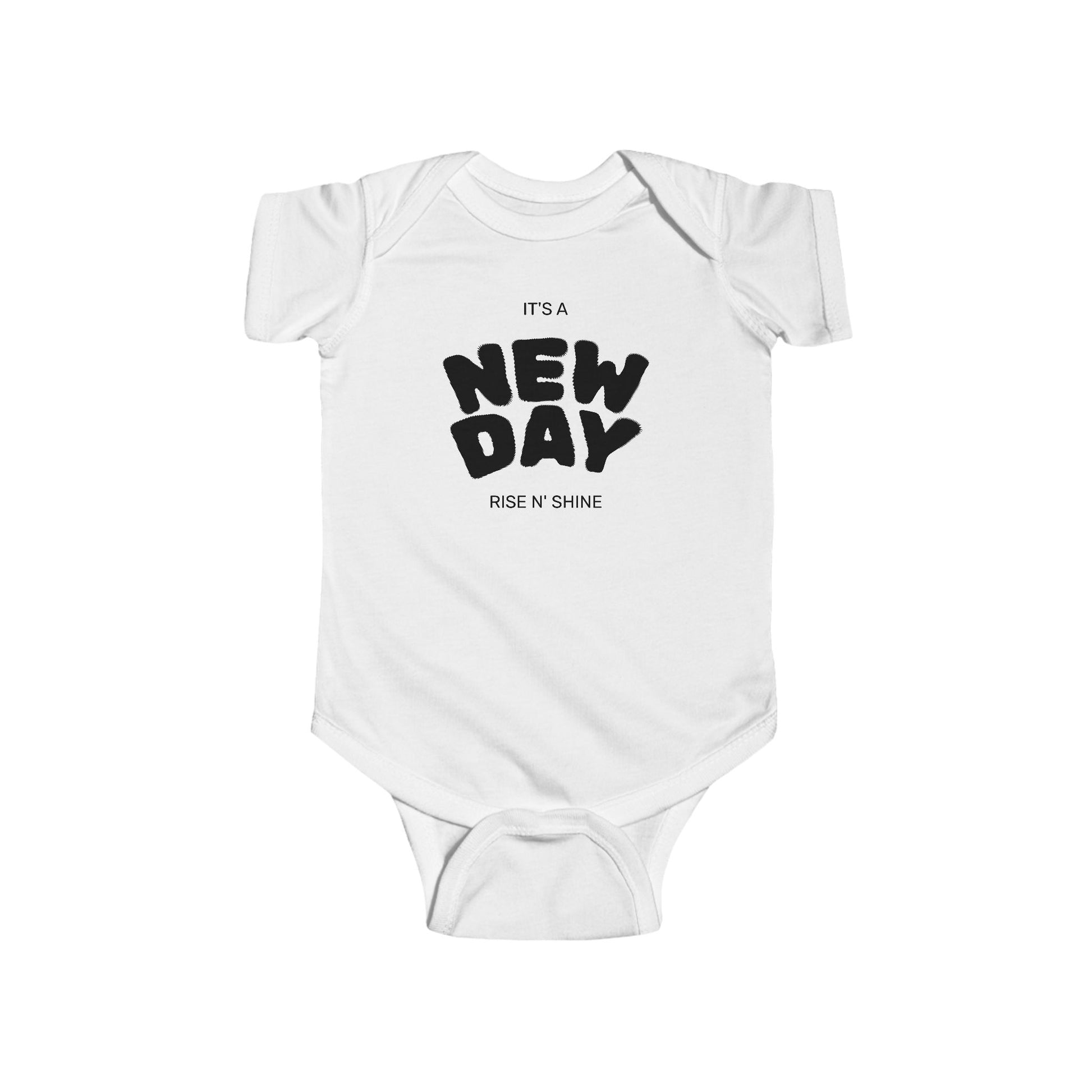 New day baby bodysuit with bold line design, unisex, front view on white background