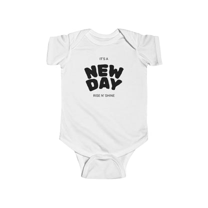 New day baby bodysuit with bold line design, unisex, front view on white background