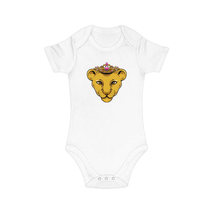 Faith-based  white baby onesie with crown print and envelope neckline – perfect gift for girls