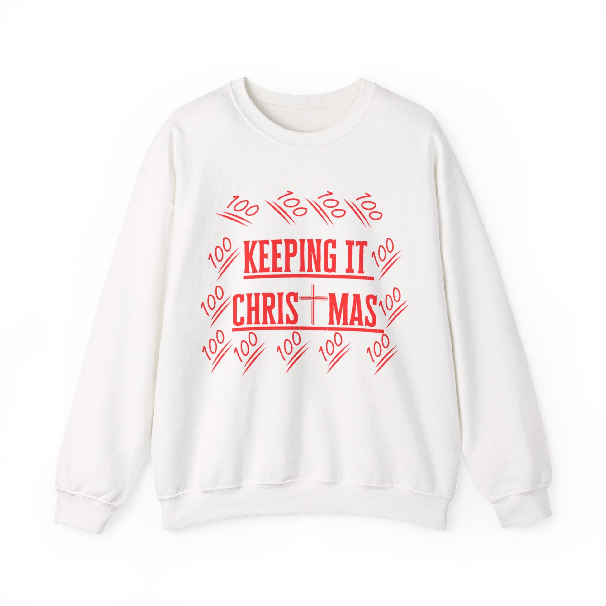 White Front view of Christian sweatshirt with red Keep Christ in Christmas print