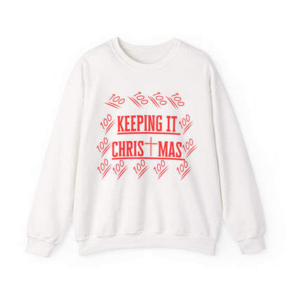 White Front view of Christian sweatshirt with red Keep Christ in Christmas print