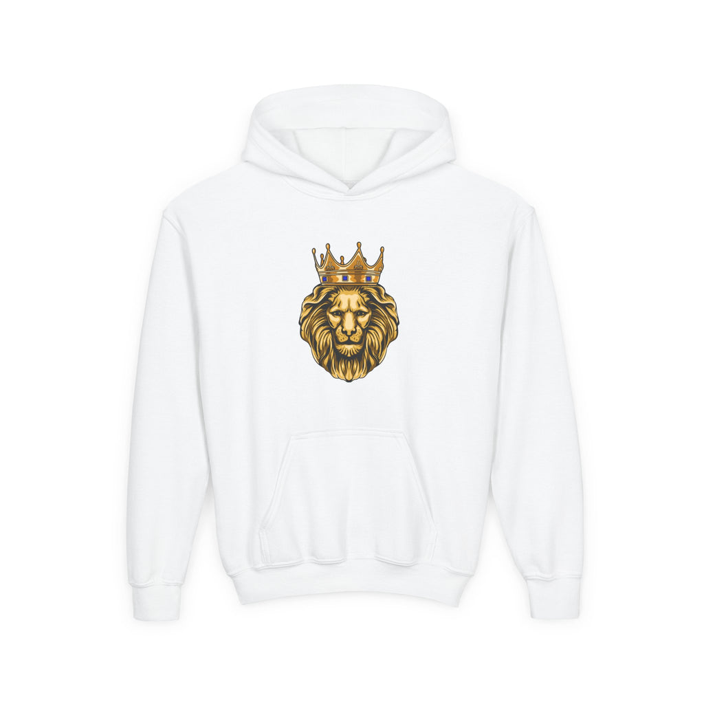 Inspirational white youth hoodie with GOLD LION imprint