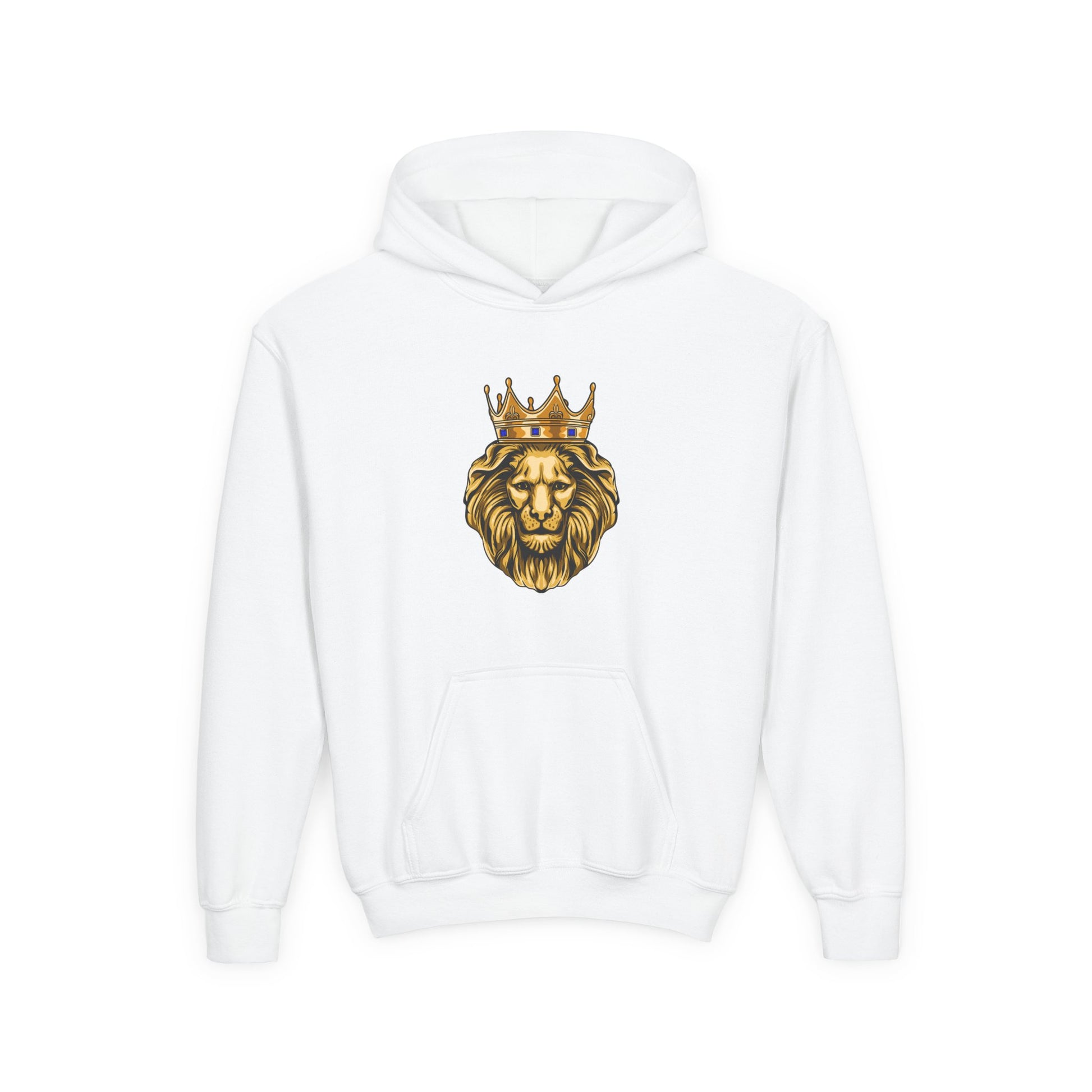 Inspirational white youth hoodie with GOLD LION imprint