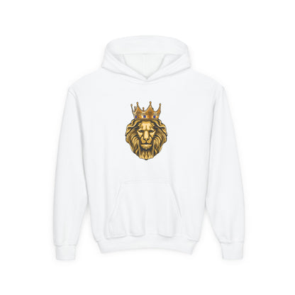 Inspirational white youth hoodie with GOLD LION imprint