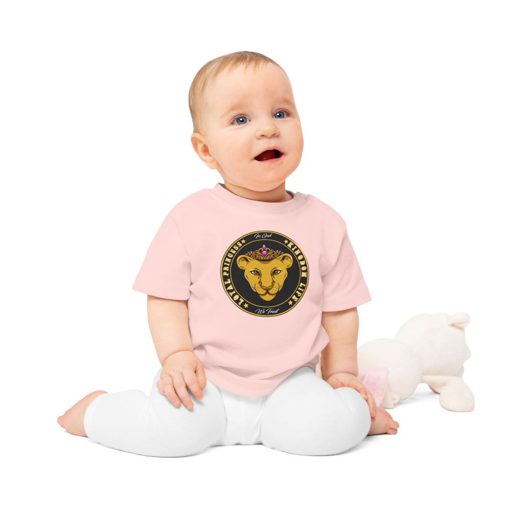 Baby model with LOYAL PRINCESS baby T-shirt in organic cotton with Christian design – The Original faithwear