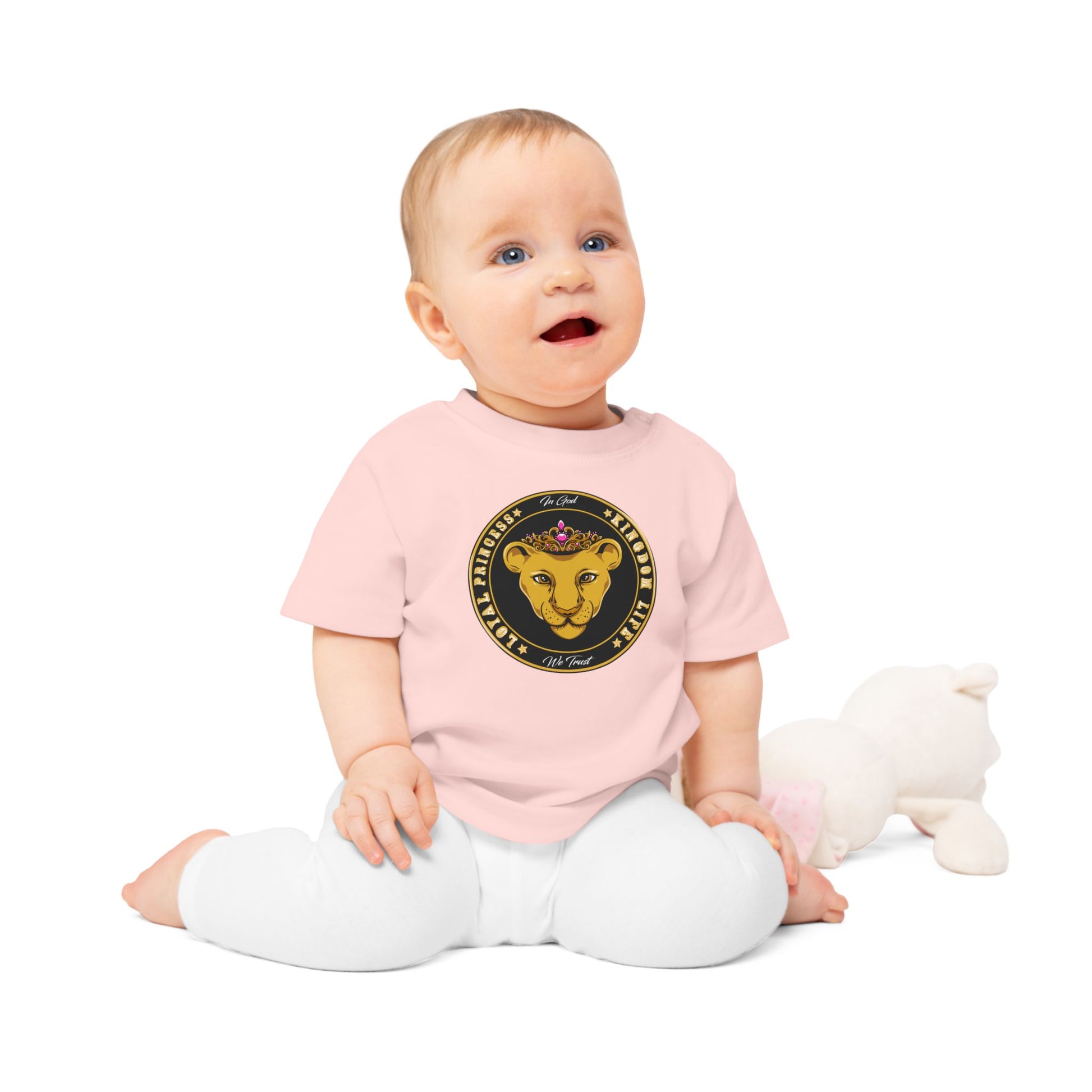Baby model with LOYAL PRINCESS baby T-shirt in organic cotton with Christian design – The Original faithwear