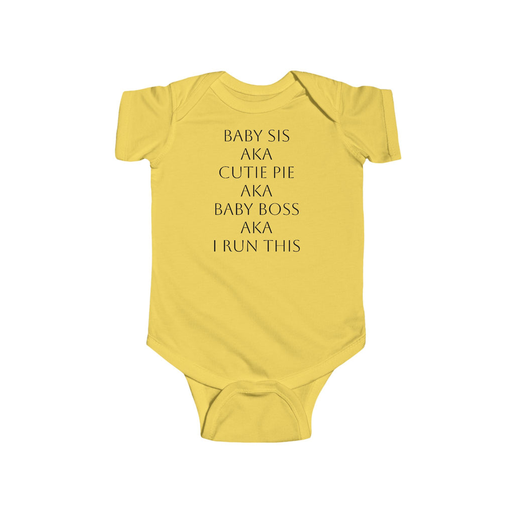 Yellow baby bodysuit with BOLD LINES faith design – front view
