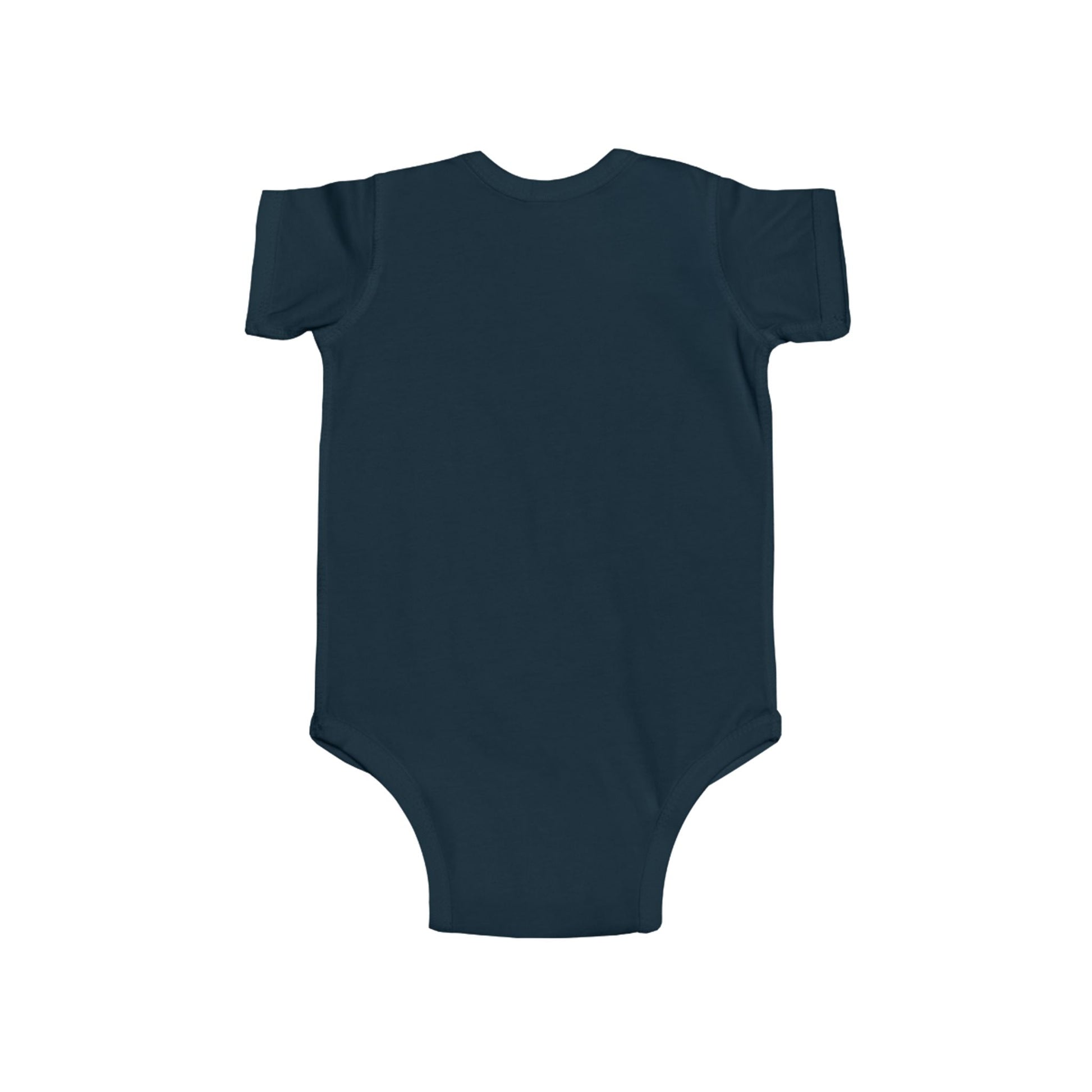 Soft baby onesie with Statement graphic design, back view, short sleeves
