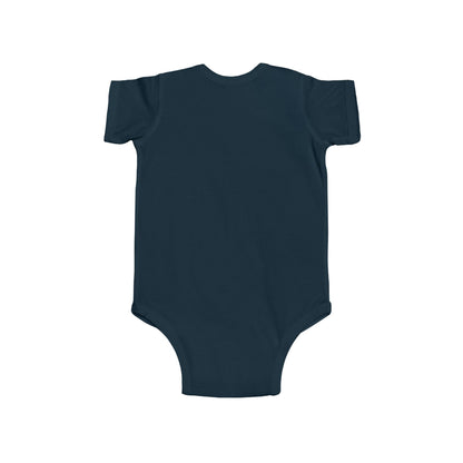 Soft baby onesie with Statement graphic design, back view, short sleeves
