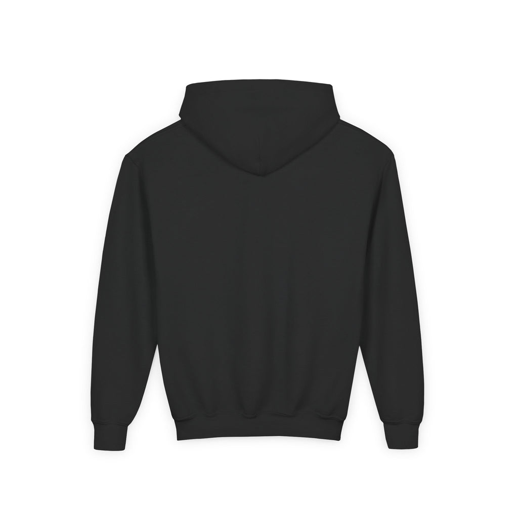 Back view of black youth hoodie with bold GOLD LION