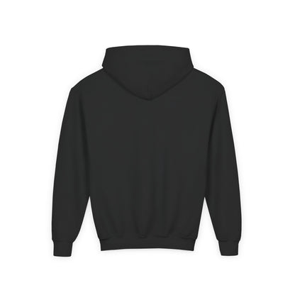 Back view of black youth hoodie with bold GOLD LION