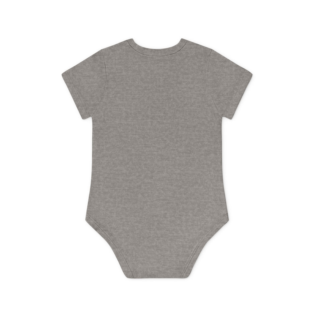 back of grey Organic cotton cherry baby bodysuit with envelope neck