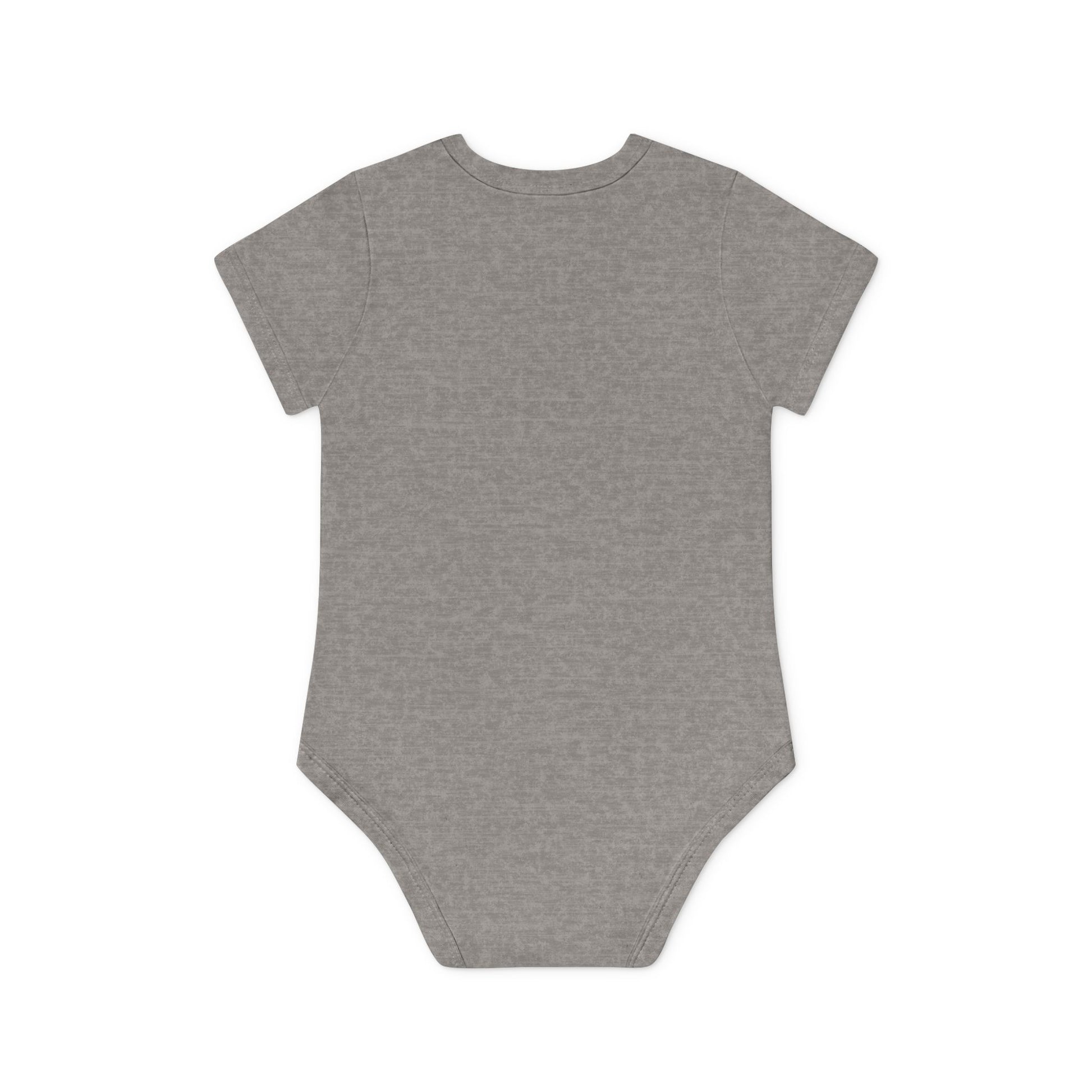 back of grey Organic cotton cherry baby bodysuit with envelope neck