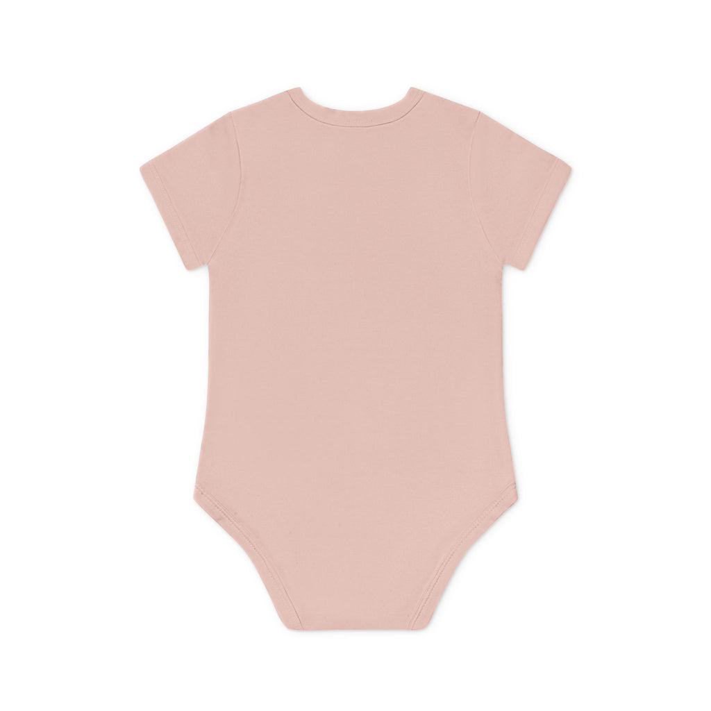 back of Organic cotton cherry baby bodysuit with envelope neck