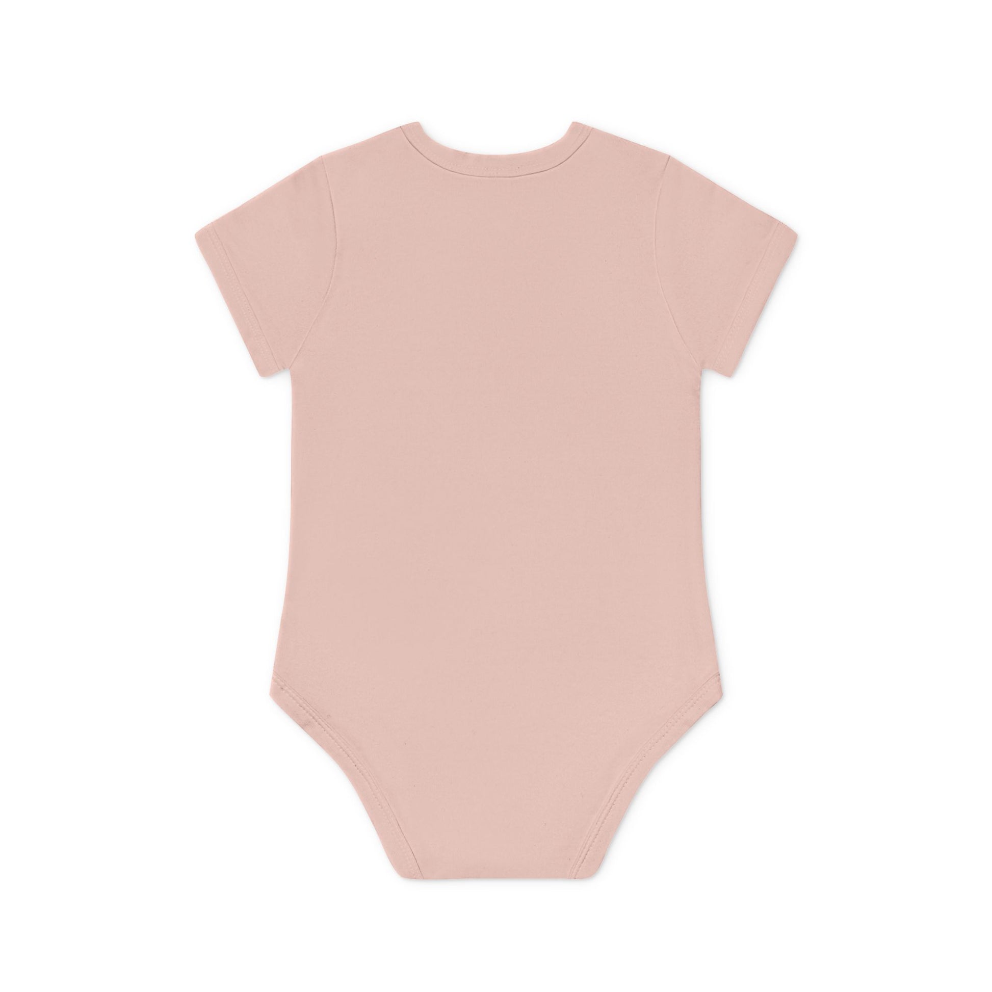back of Organic cotton cherry baby bodysuit with envelope neck