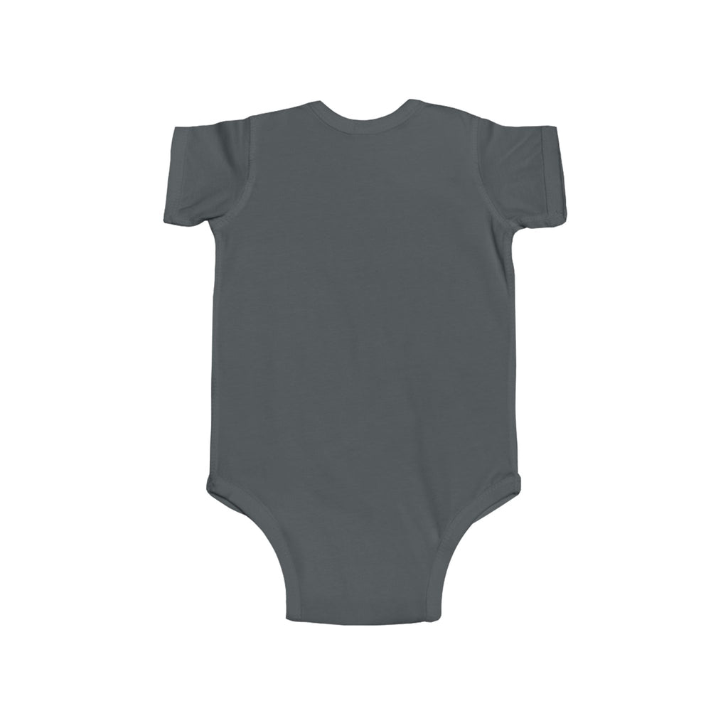 Back view of grey infant bodysuit with Christian message print