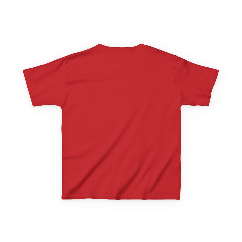 Back view of red children's T-shirt with festive winter print