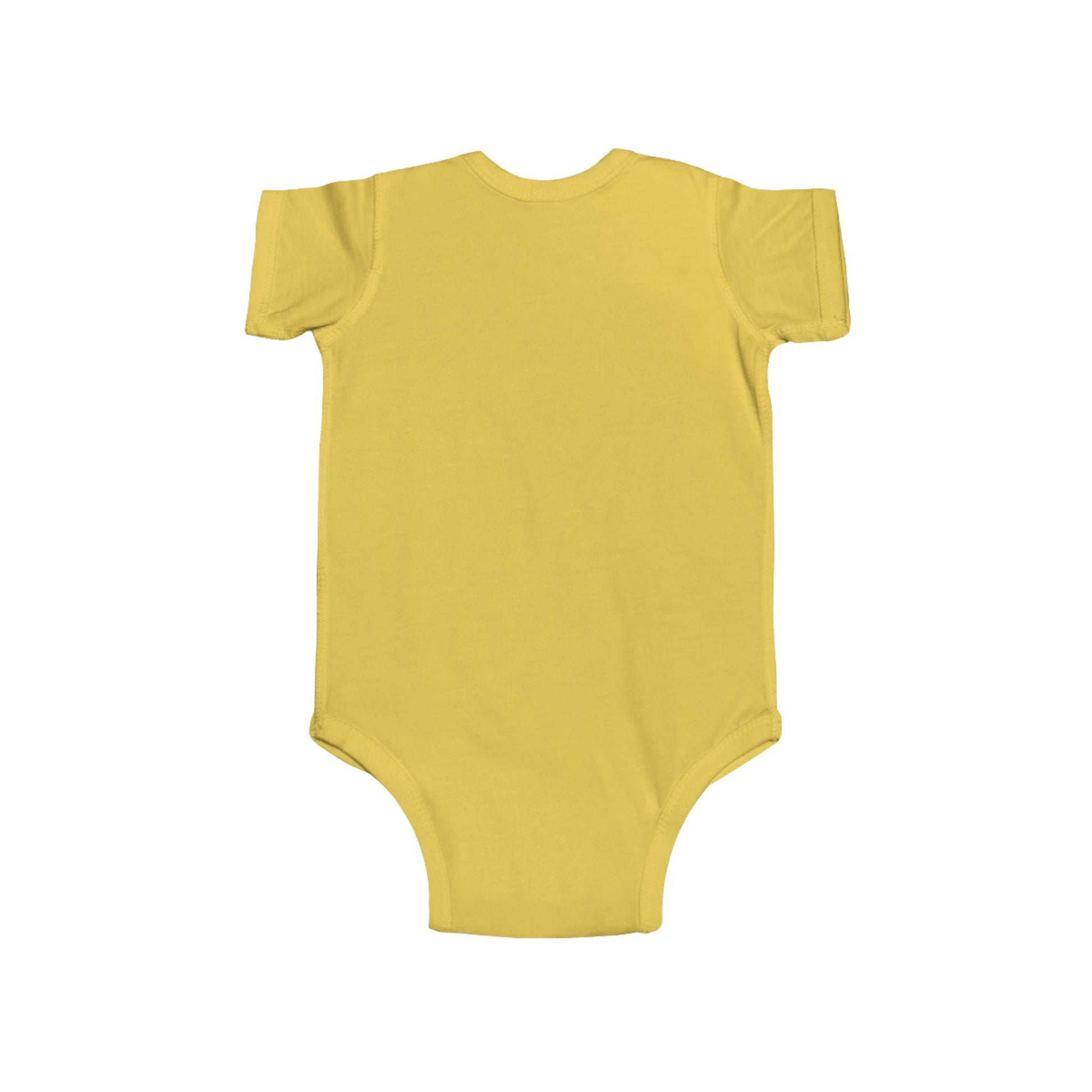 Back view of infant bodysuit with funny message print