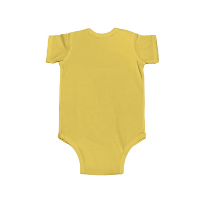 Back view of infant bodysuit with funny message print