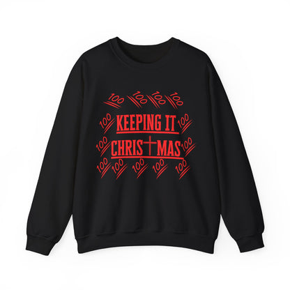Detail of neckline and red text design promoting Christ-centered Christmas from The Original