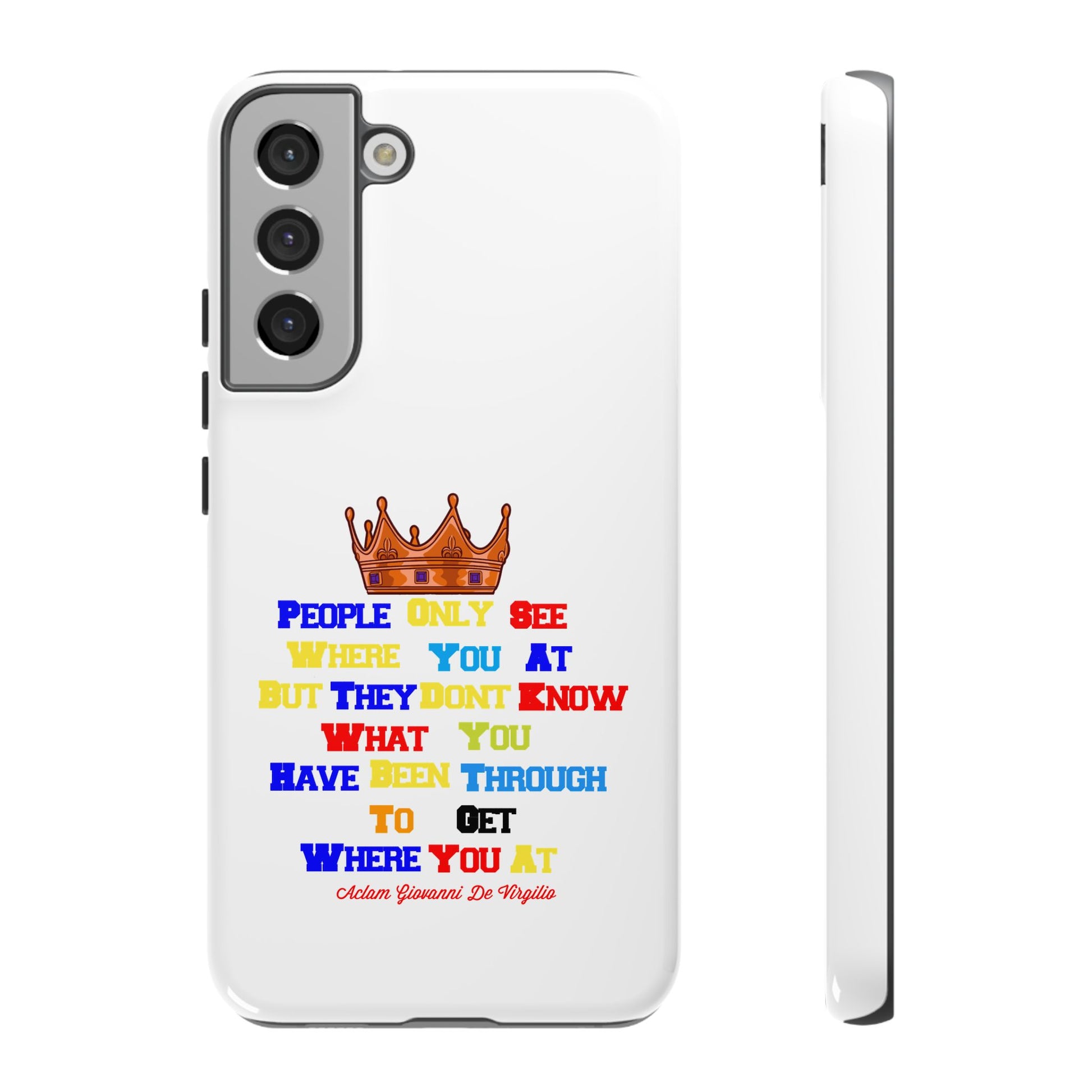 Durable white phone case featuring bold multicolor faith statements
