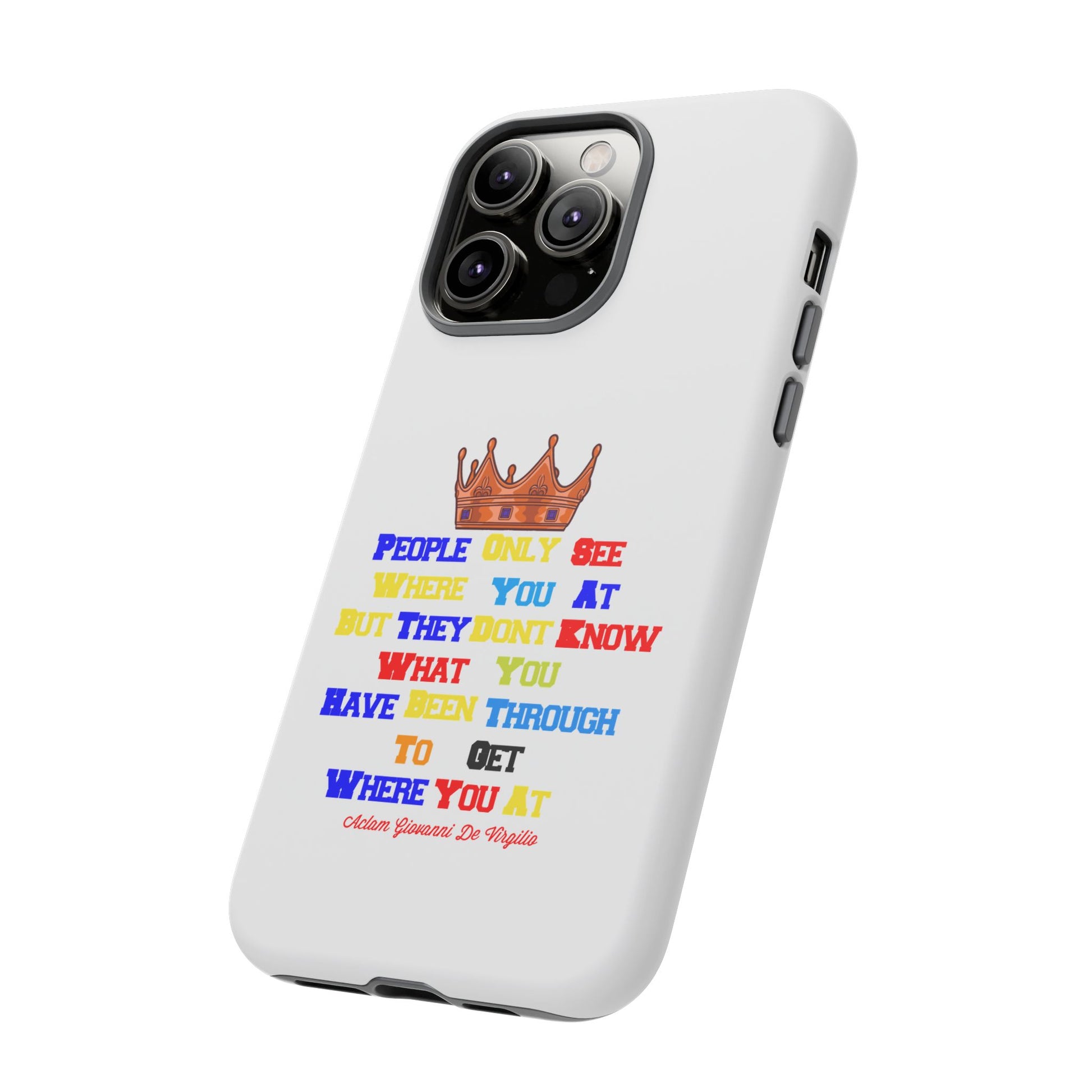 Durable white phone case featuring bold multicolor faith statements