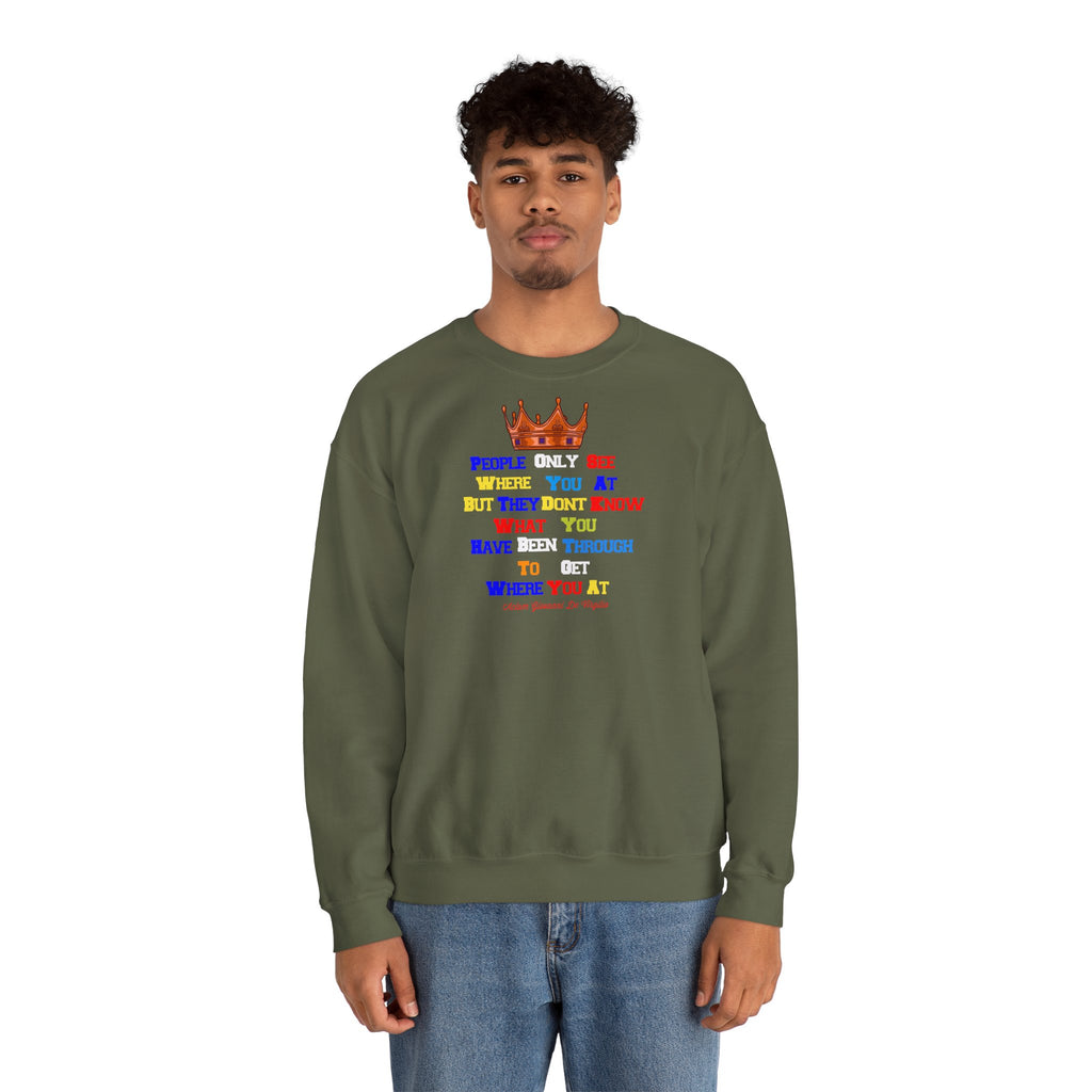 Model wearing christian sweatshirt with colorful crown print – stylish unisex faithwear