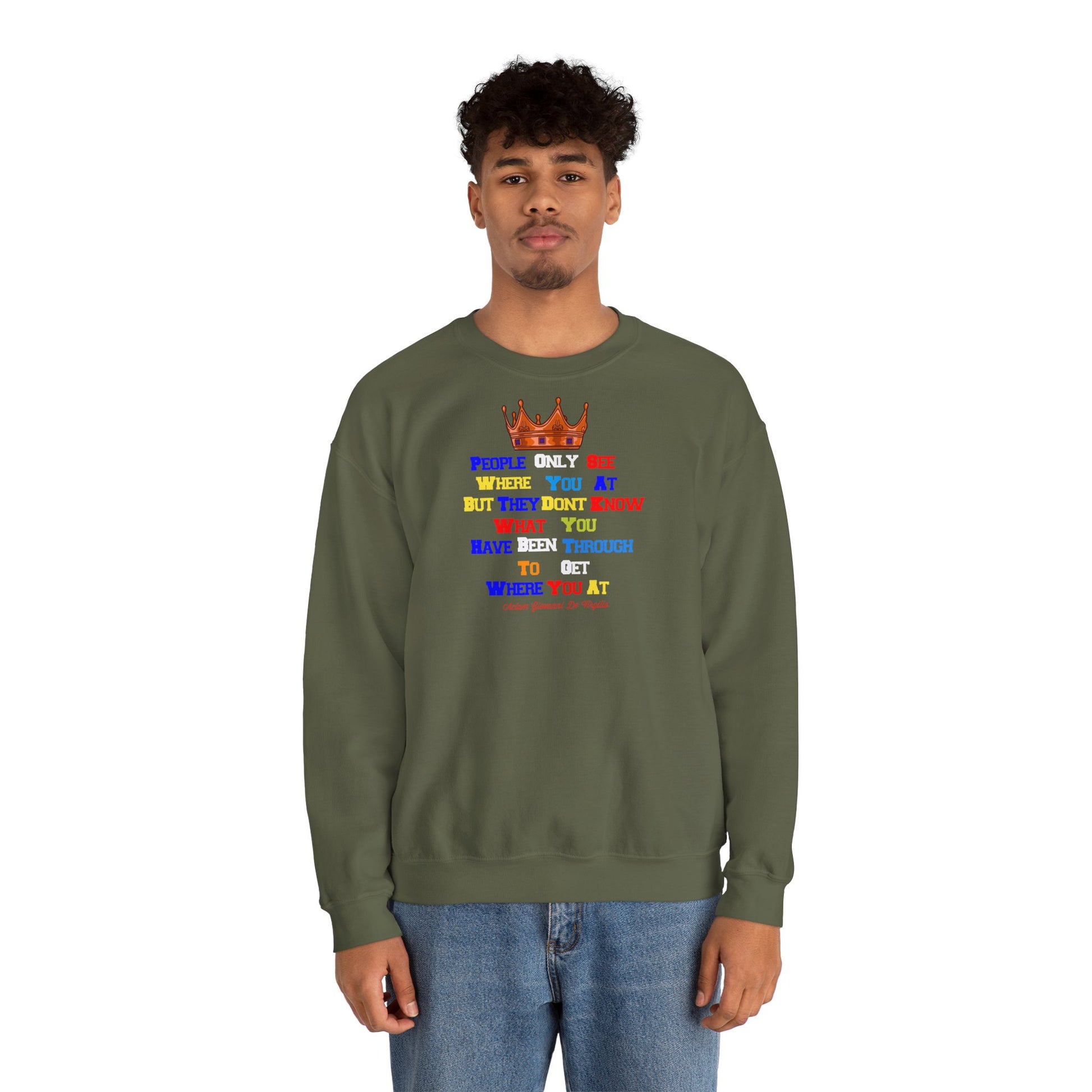 Model wearing christian sweatshirt with colorful crown print – stylish unisex faithwear