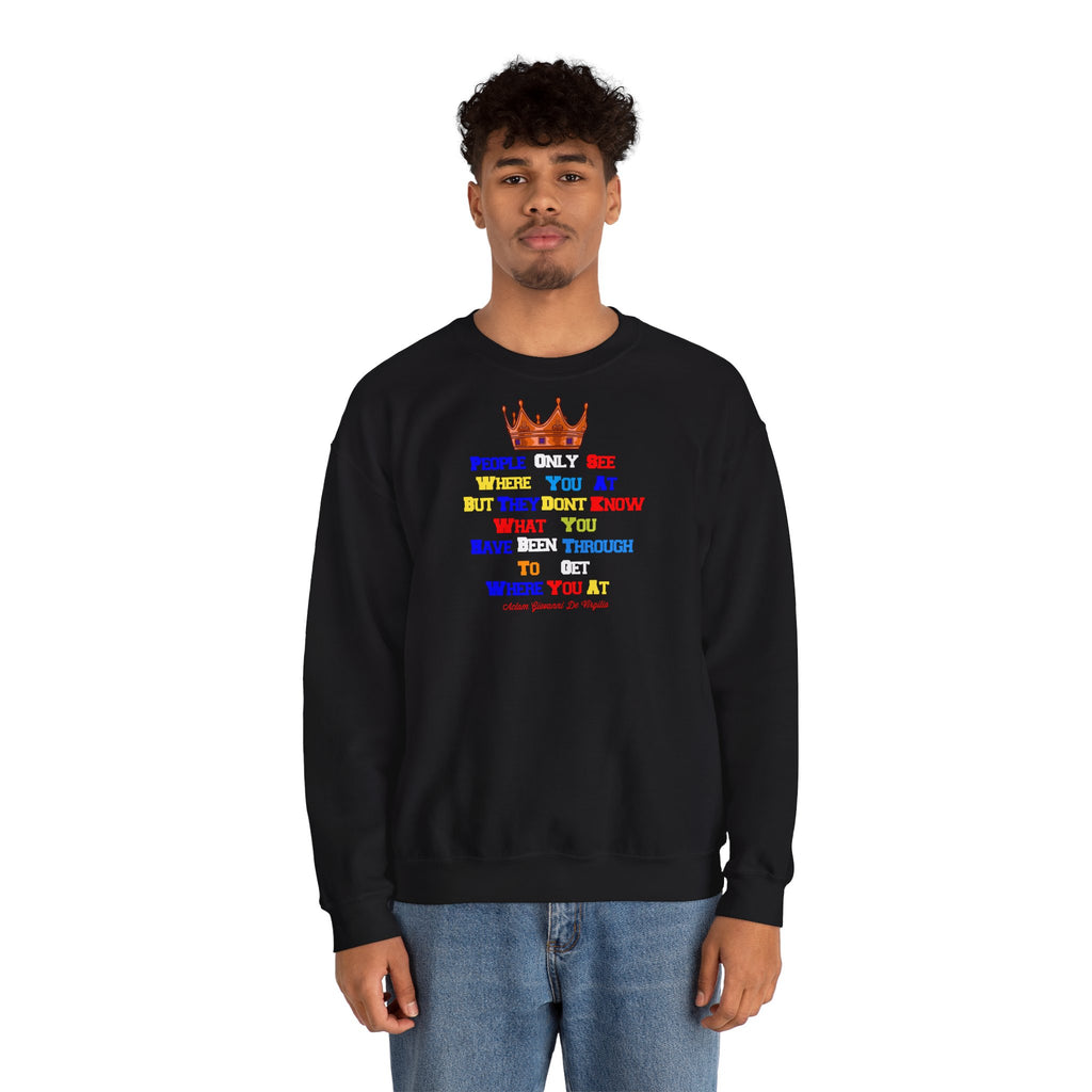 Model wearing christian sweatshirt with colorful crown print – stylish unisex faithwear