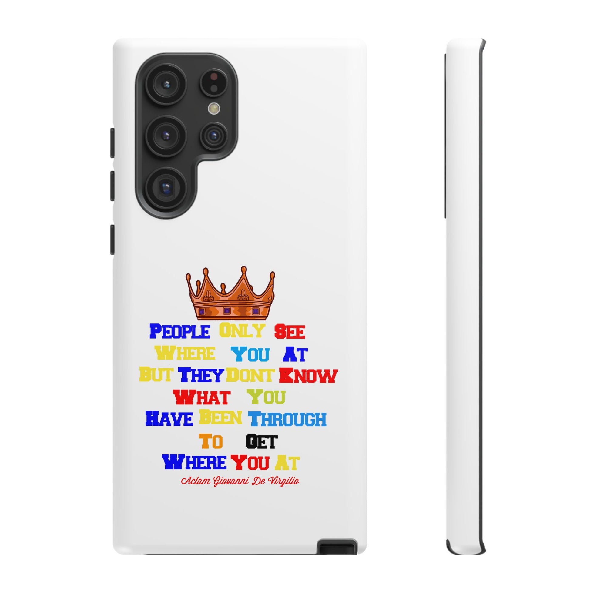 Durable white phone case featuring bold multicolor faith statements