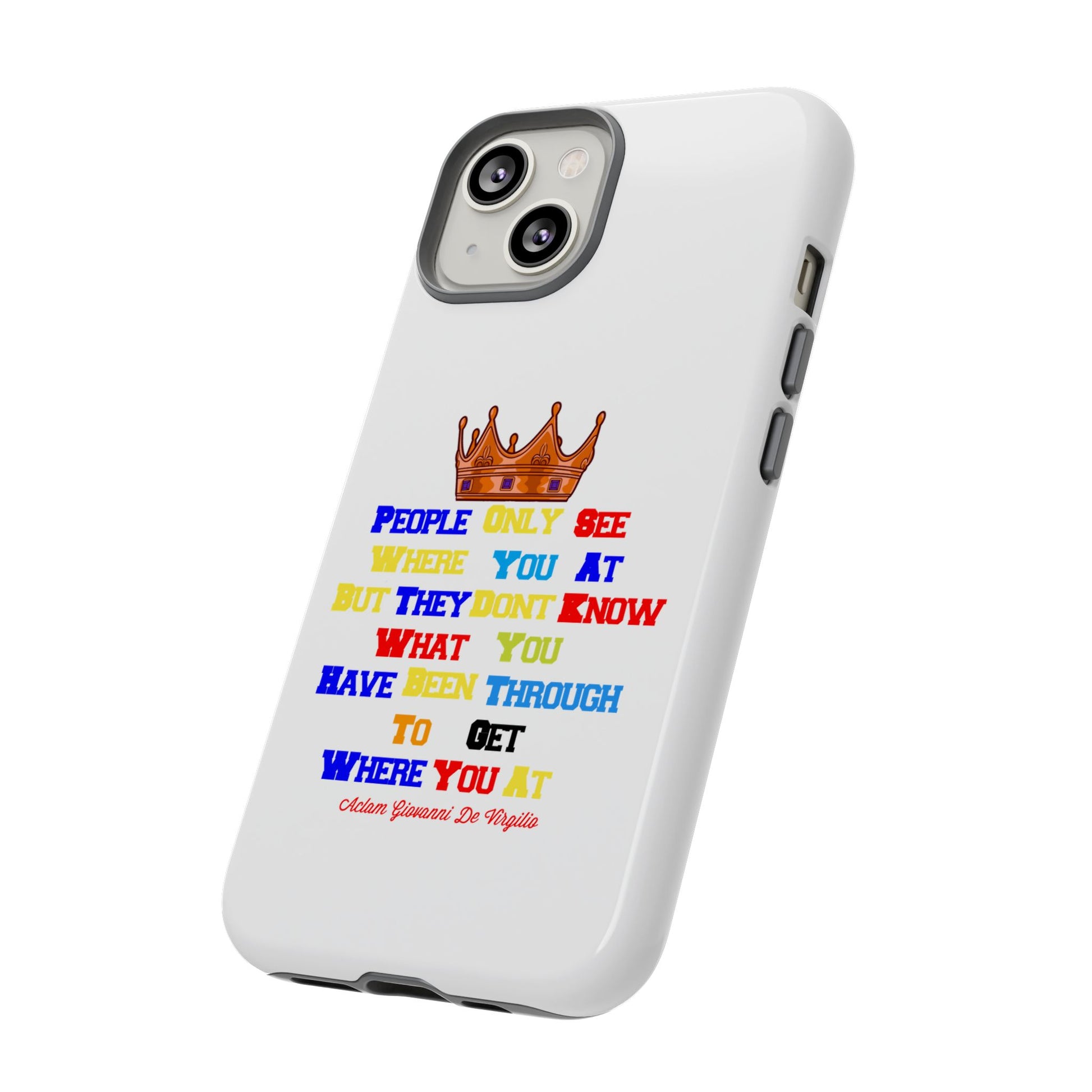 Durable white phone case featuring bold multicolor faith statements