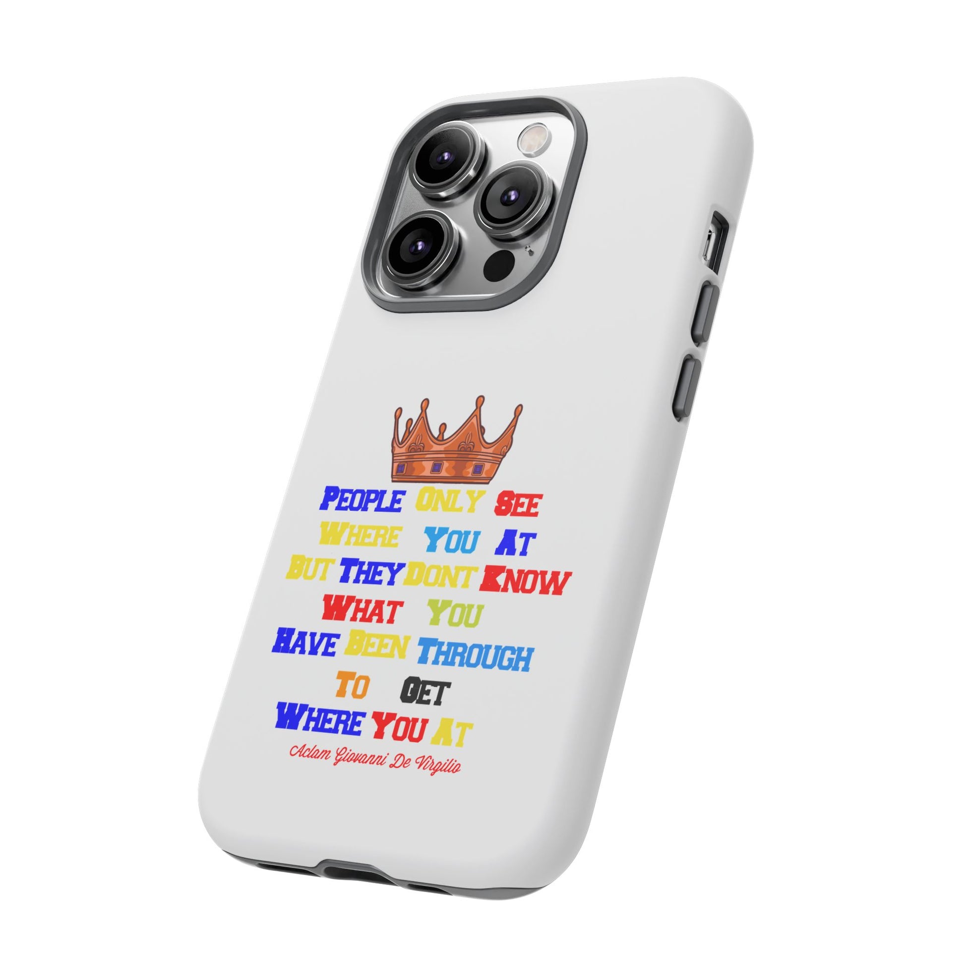 Durable white phone case featuring bold multicolor faith statements