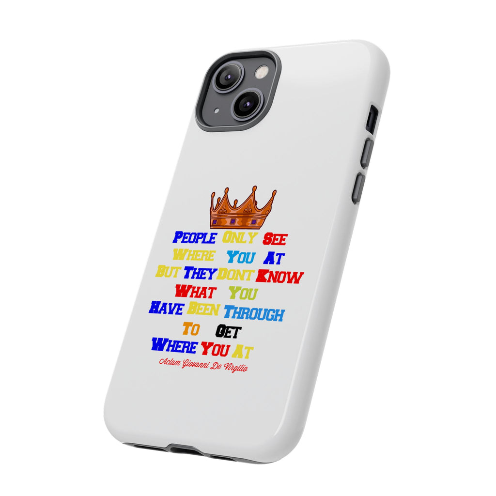 Durable white phone case featuring bold multicolor faith statements