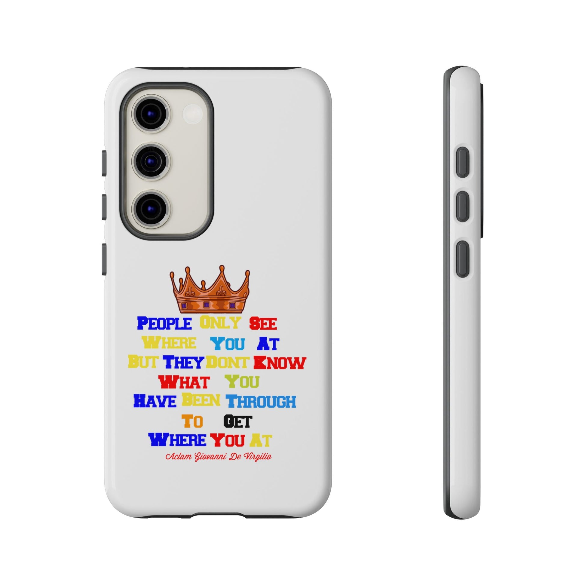 Durable white phone case featuring bold multicolor faith statements