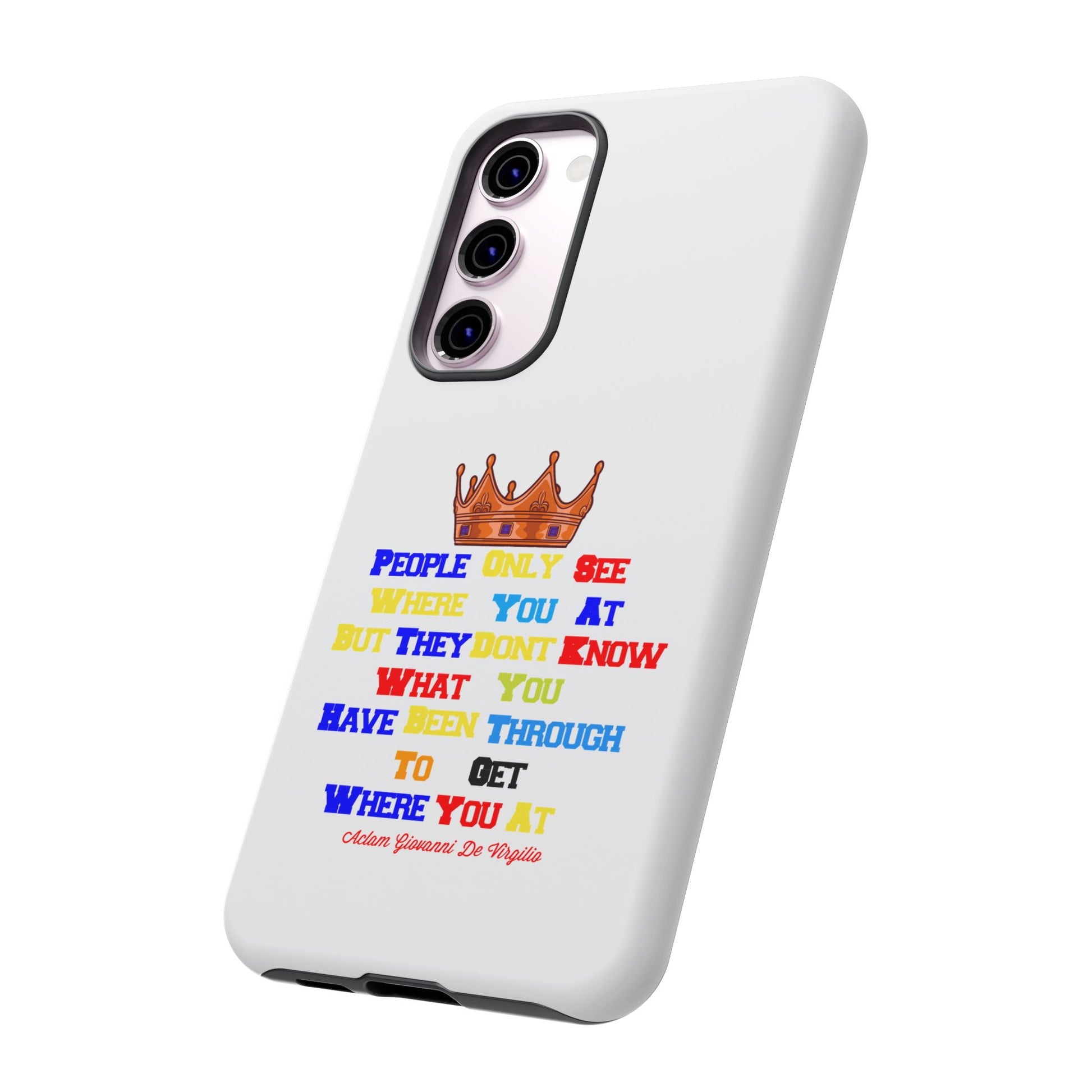 Durable white phone case featuring bold multicolor faith statements