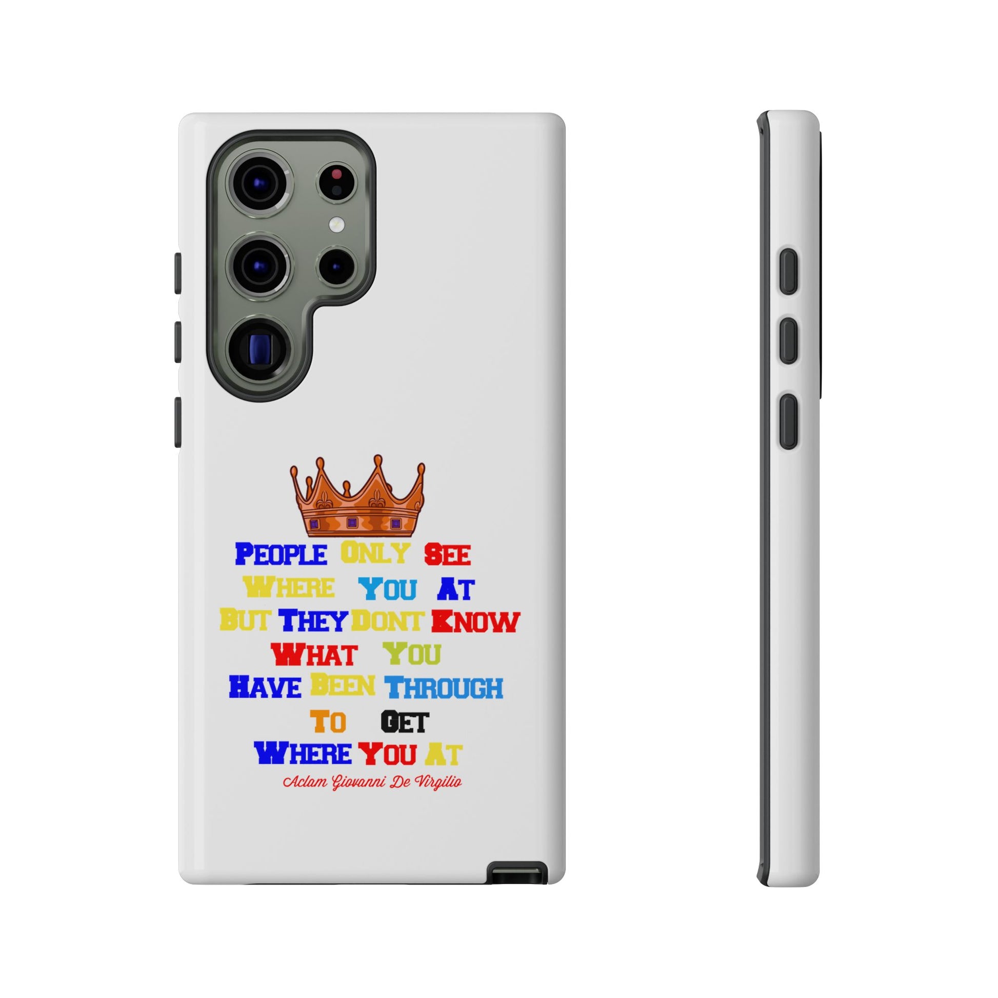 Durable white phone case featuring bold multicolor faith statements from The Original